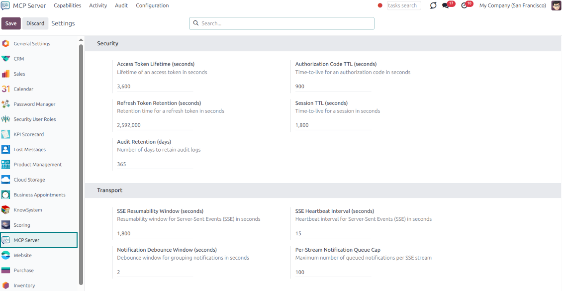 Main configuration panel for the MCP server in Odoo, managing token lifetimes, session TTL, and audit retention periods.