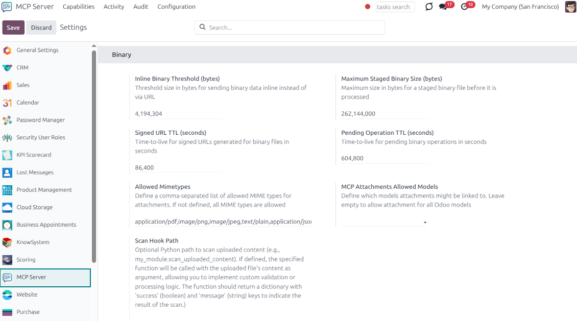 Settings for AI file interactions, including maximum upload sizes, allowed MIME types (PDF, images), and custom security scan hooks.