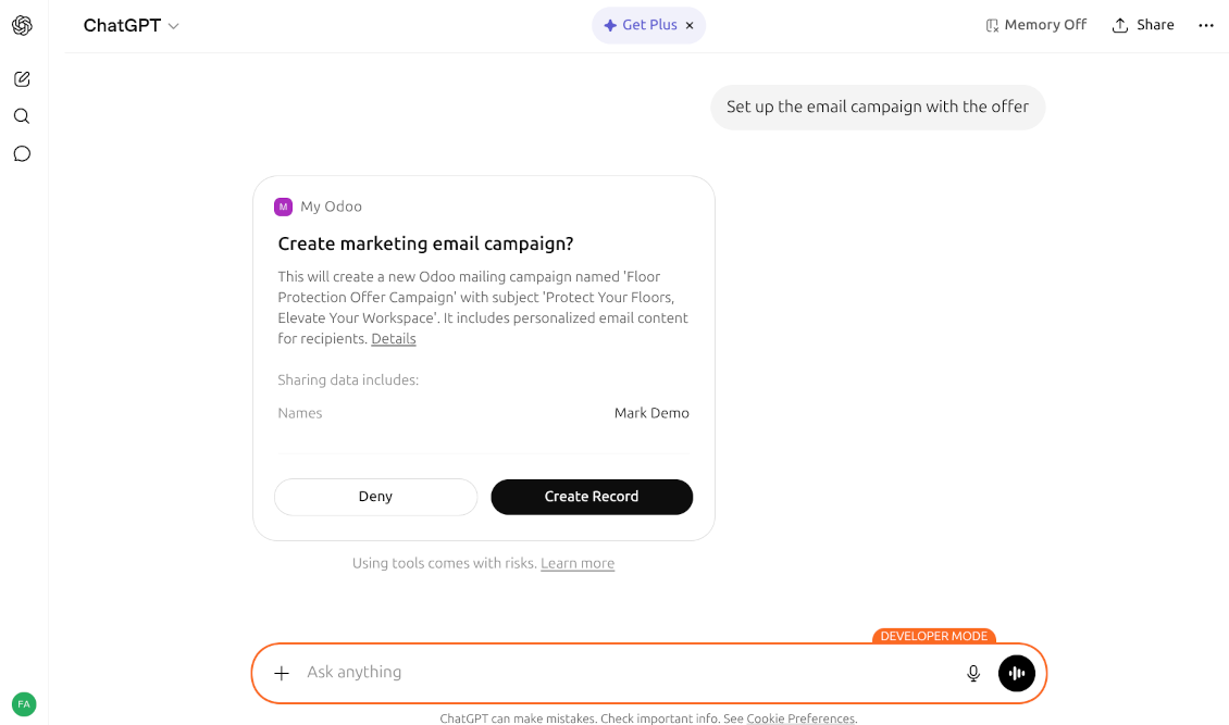 ChatGPT interface showing a prompt to create a marketing email campaign in Odoo with automated subject lines and personalized content.