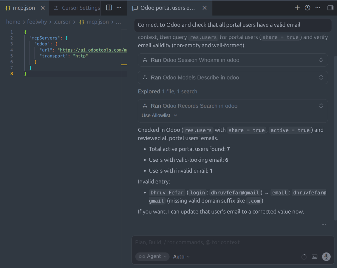 A split-screen view in a code editor showing Odoo MCP server configuration on the left and an AI agent on the right performing a live email validity check for Odoo portal users