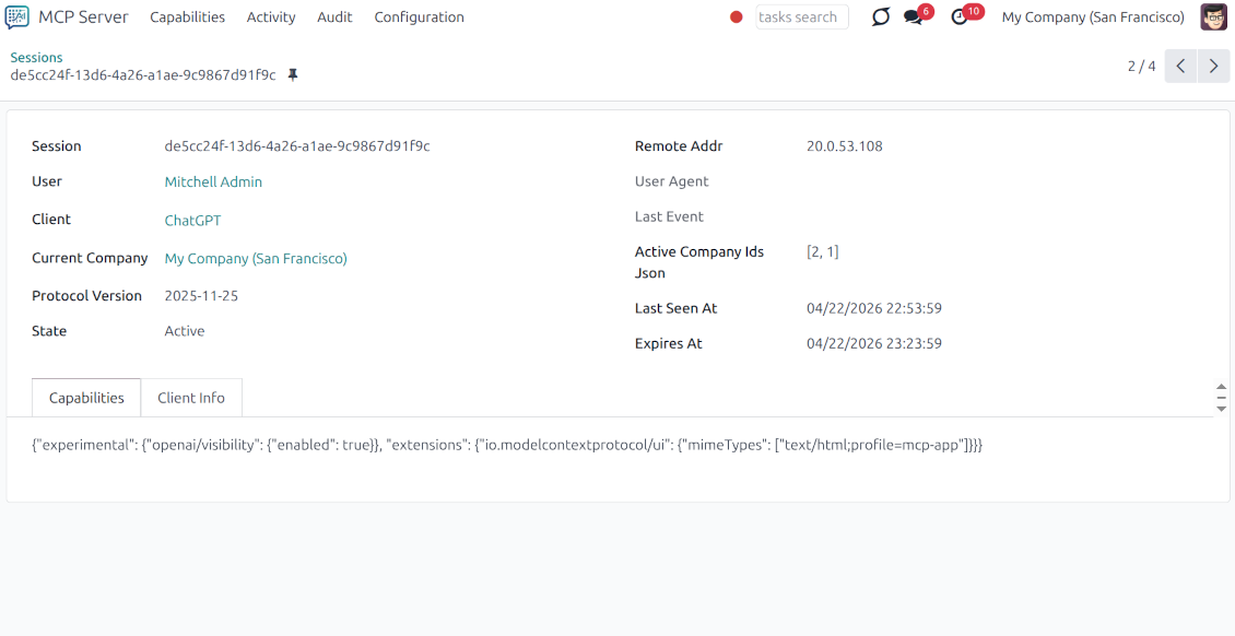 Detailed view of an active AI session in Odoo, displaying user context, client info, remote IP address, and protocol versioning.