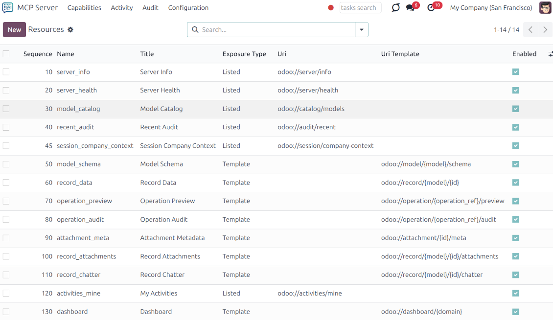 A list of Odoo resources (chatter, record data, attachments) exposed to the AI via URI templates with the ability to enable or disable them individually.