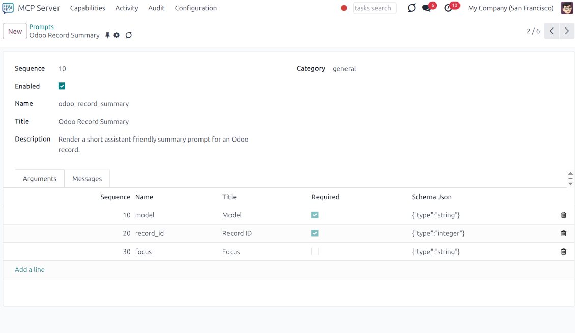 Interface for defining predefined LLM prompt templates in Odoo, featuring dynamic arguments like model and record ID for consistent AI summaries.
