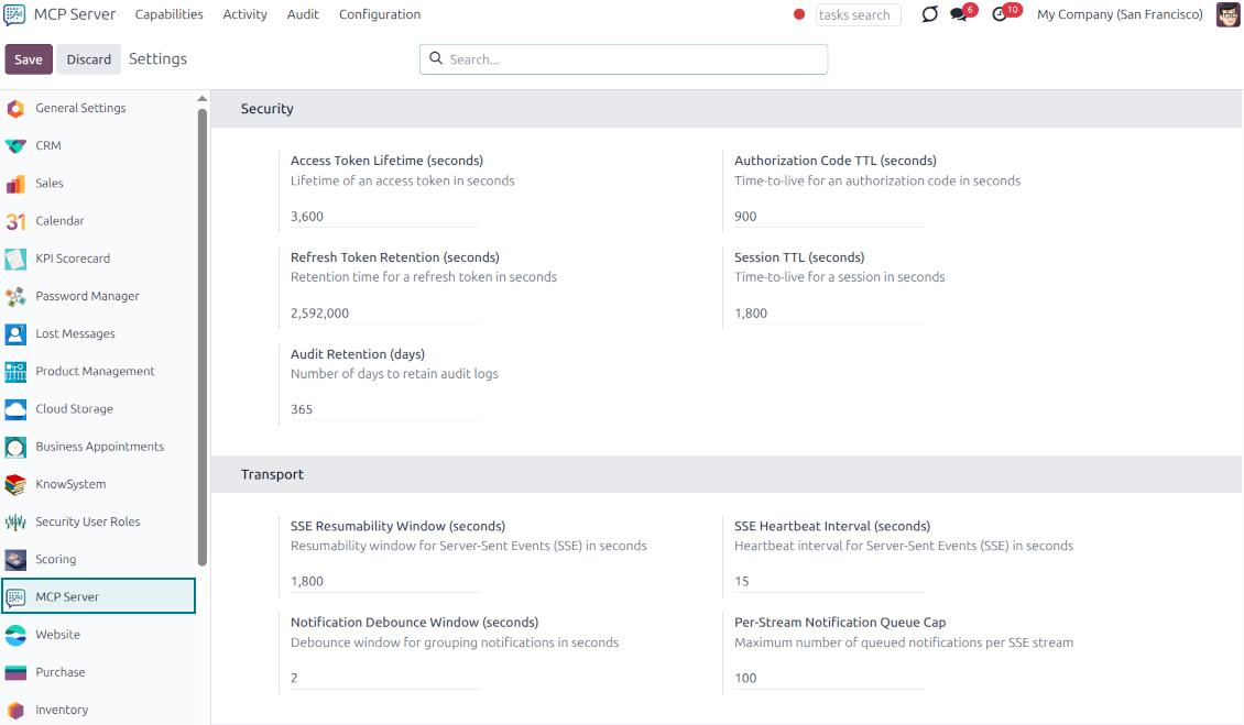 Main configuration panel for the MCP server in Odoo, managing token lifetimes, session TTL, and audit retention periods.