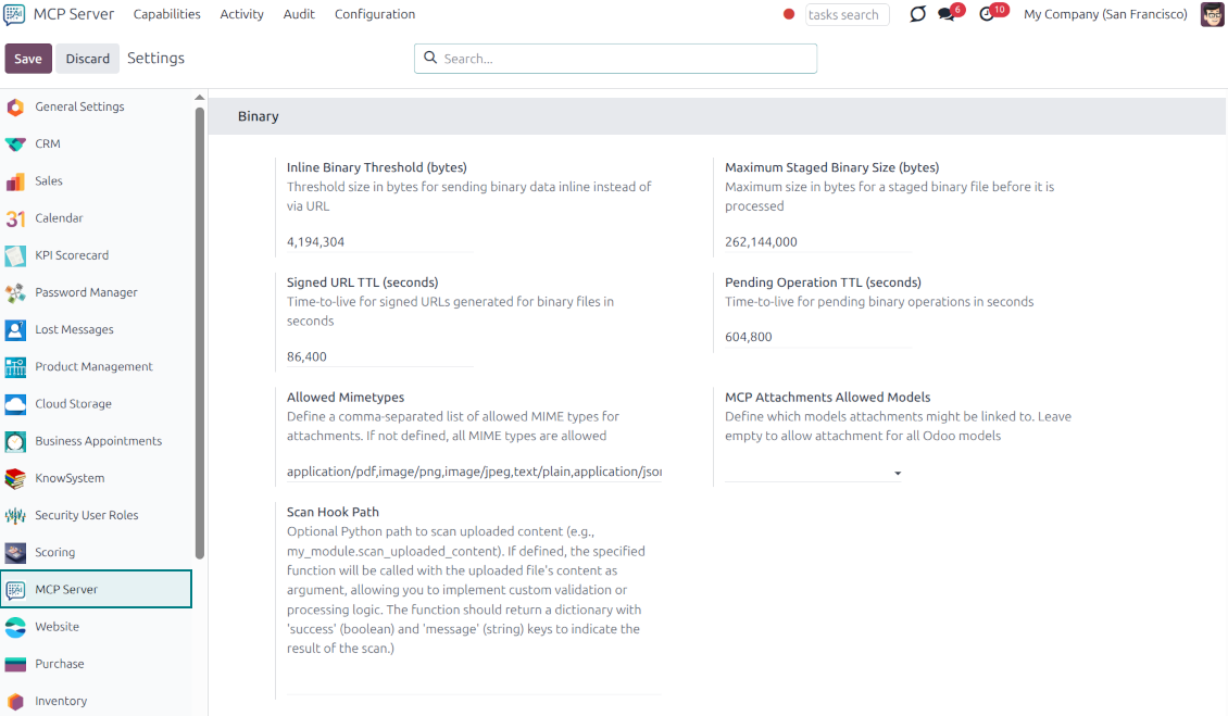 Settings for AI file interactions, including maximum upload sizes, allowed MIME types (PDF, images), and custom security scan hooks.