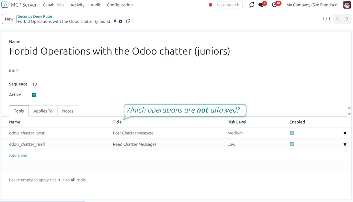 The Tools tab of a Security Deny Rule in Odoo, listing specific actions like reading or posting to chatter that are disabled for restricted users