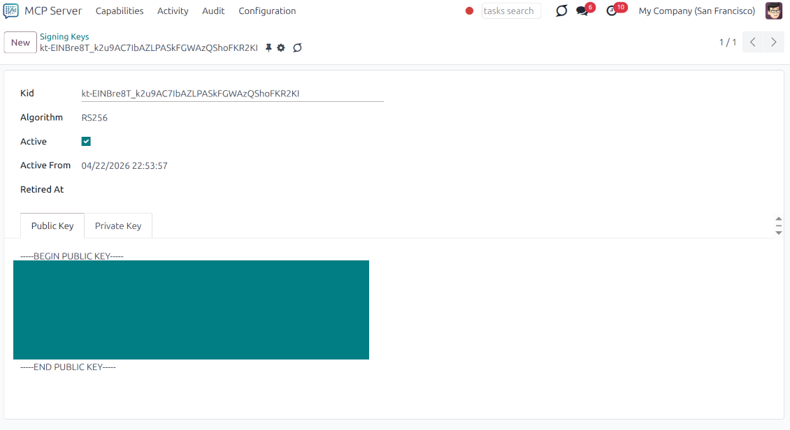 Management of signing keys in the Odoo MCP Server module, showing the public key configuration for secure authentication between Odoo and AI models.