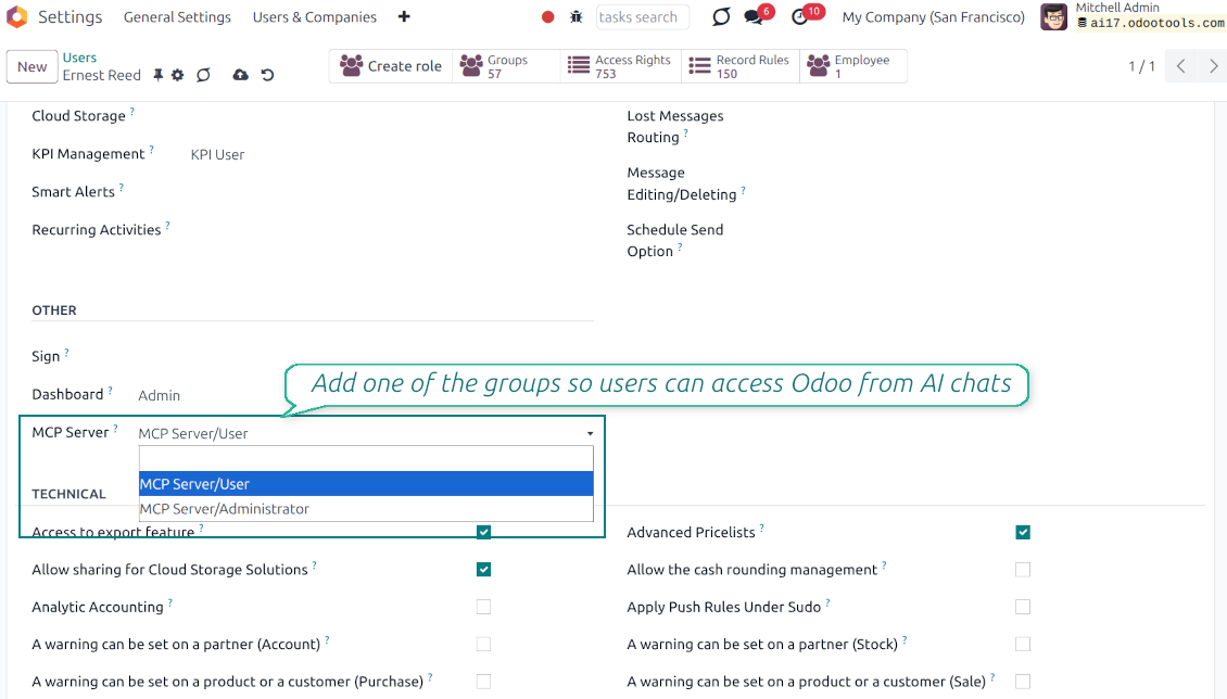 Odoo User settings page highlighting the MCP Server access rights field with options to assign User or Administrator roles for AI chat access.