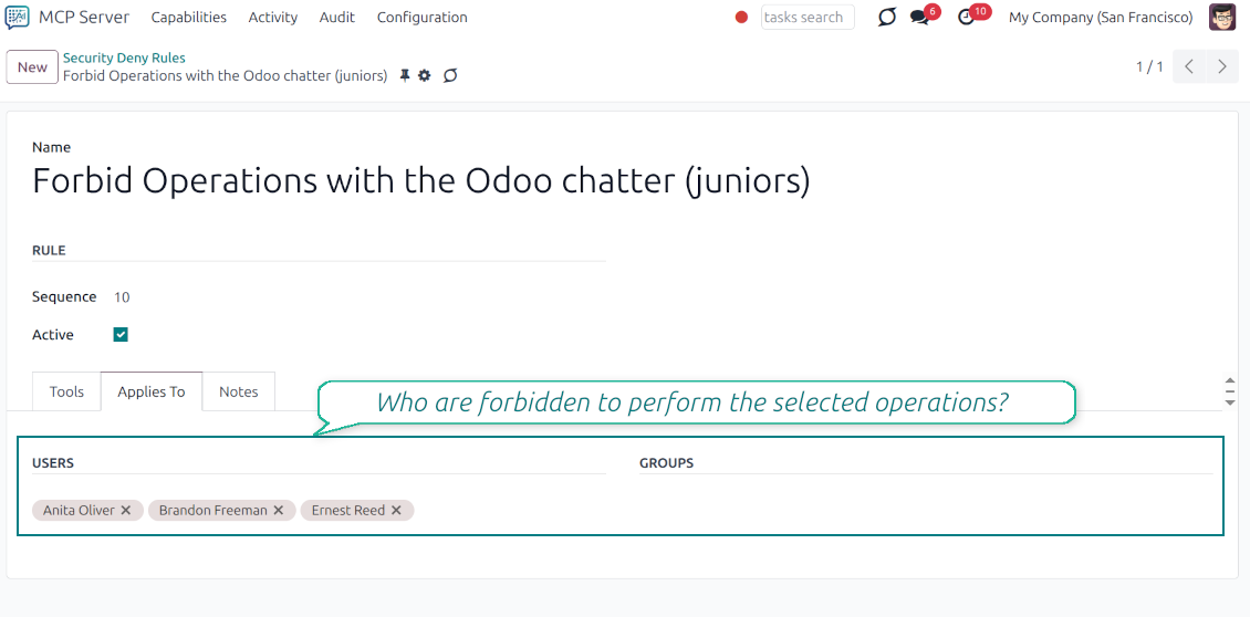 Odoo Security Deny Rules interface showing the Applies To tab where specific users are selected to be forbidden from performing AI-powered operations