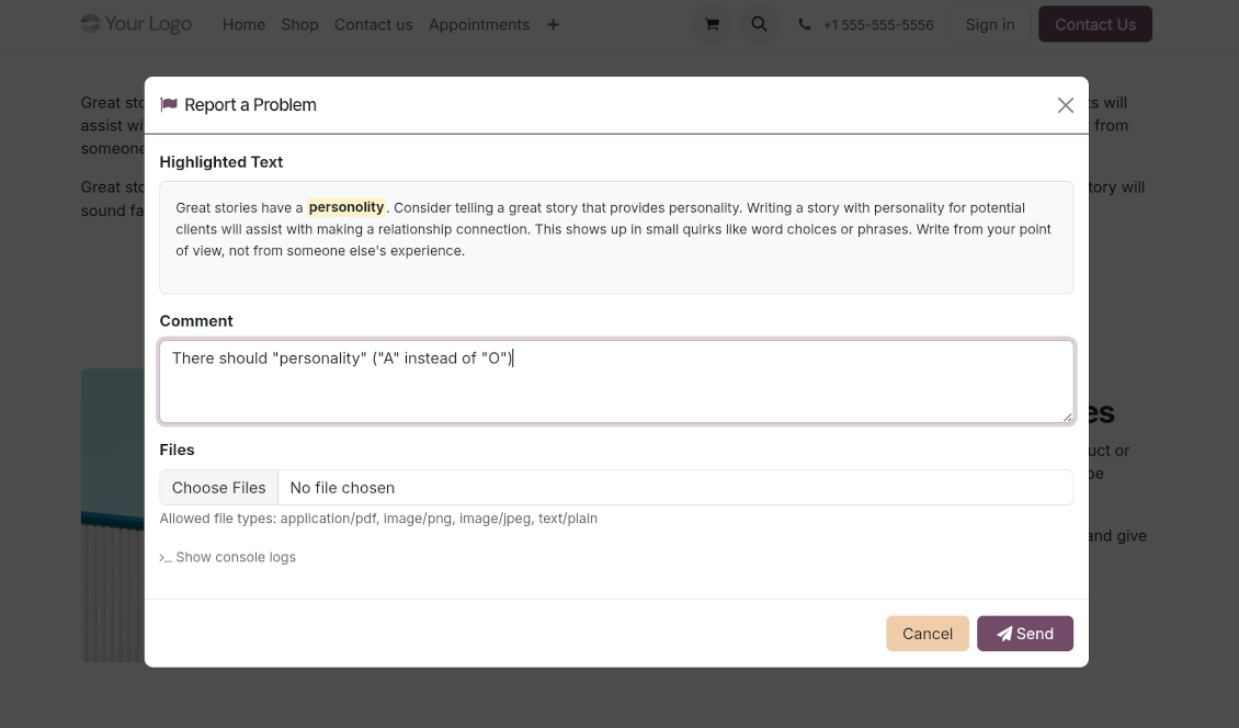 A pop-up modal window on the website displaying the highlighted text with a typo, a field for user comments, and an option to attach files