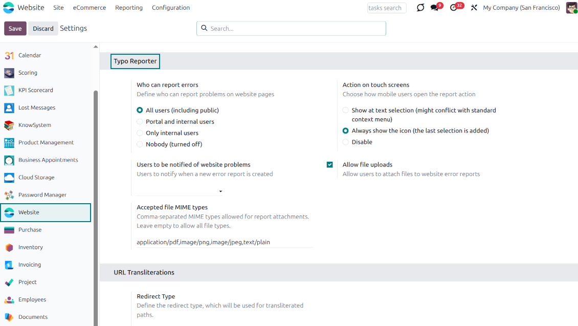 Odoo backend settings dashboard showing options for access rights, notification preferences, and touchscreen behavior