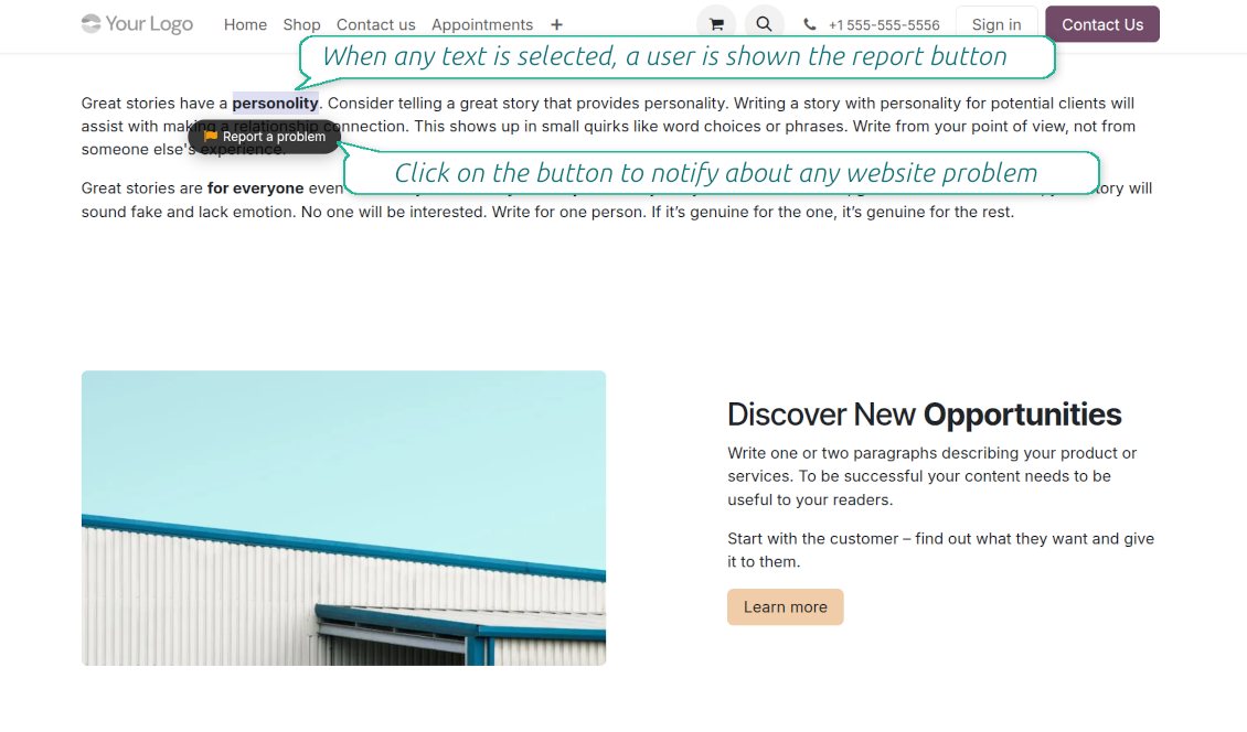 Odoo website interface: highlighting text with a typo reveals a convenient Report a problem pop-up button