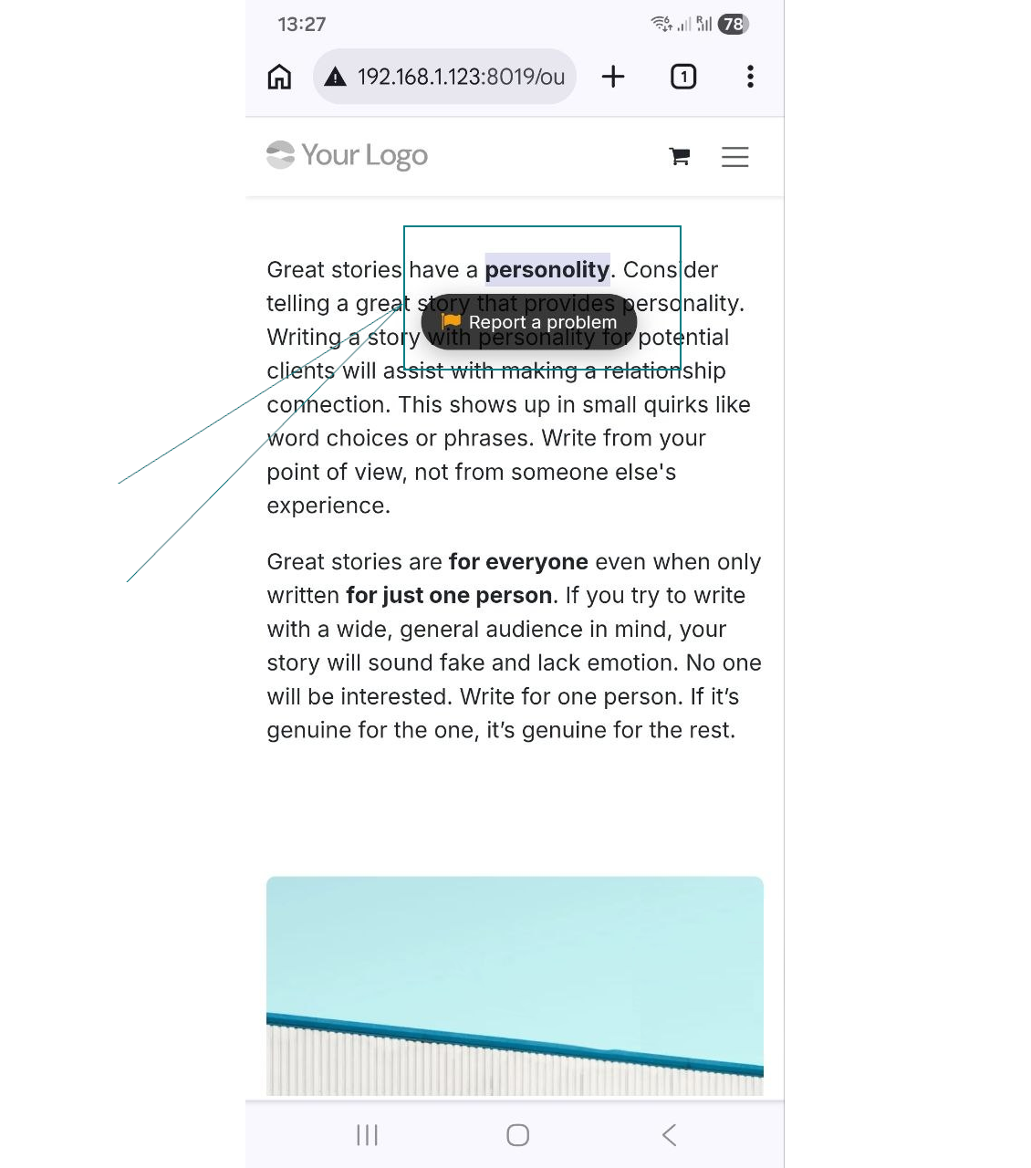 Mobile version of the website demonstrating the error report button appearing after long-pressing and highlighting text on a touchscreen