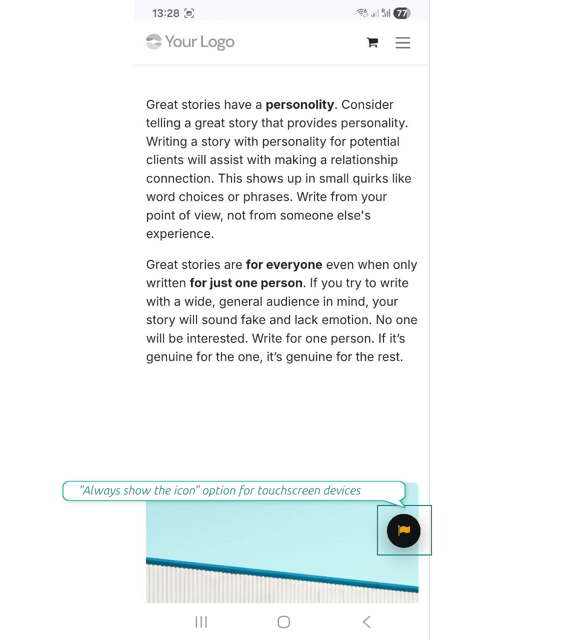 Alternative interface for mobile devices: a persistently displayed floating button with a flag icon to trigger the report form.