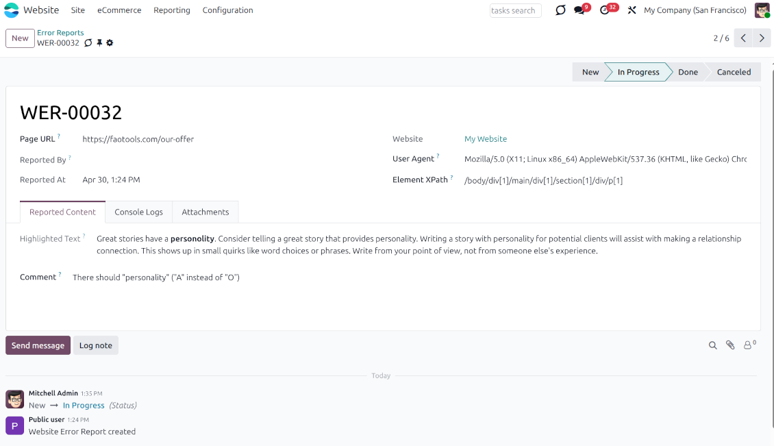 A specific error report form in the Odoo backend containing technical details like User Agent and XPath, the highlighted text, user comments, and progress statuses.