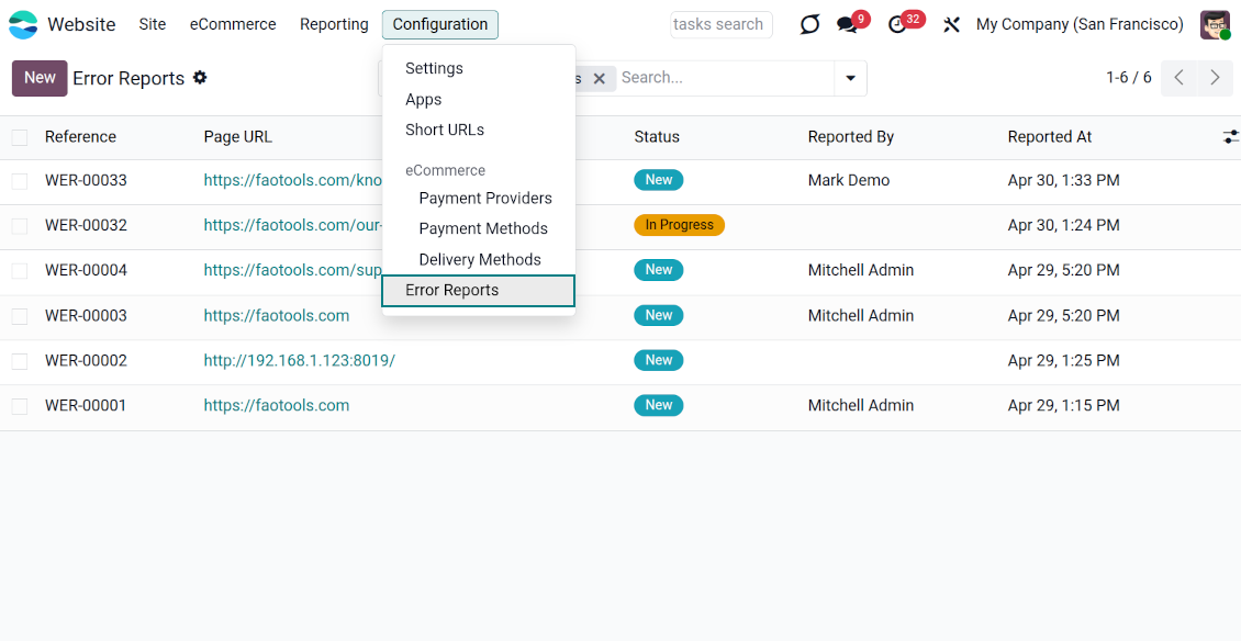 List view in the Odoo backend dashboard displaying all submitted reports with their page URL, status, reporter, and date