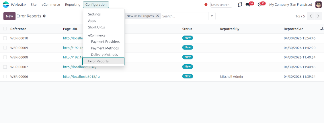 List view in the Odoo backend dashboard displaying all submitted reports with their page URL, status, reporter, and date