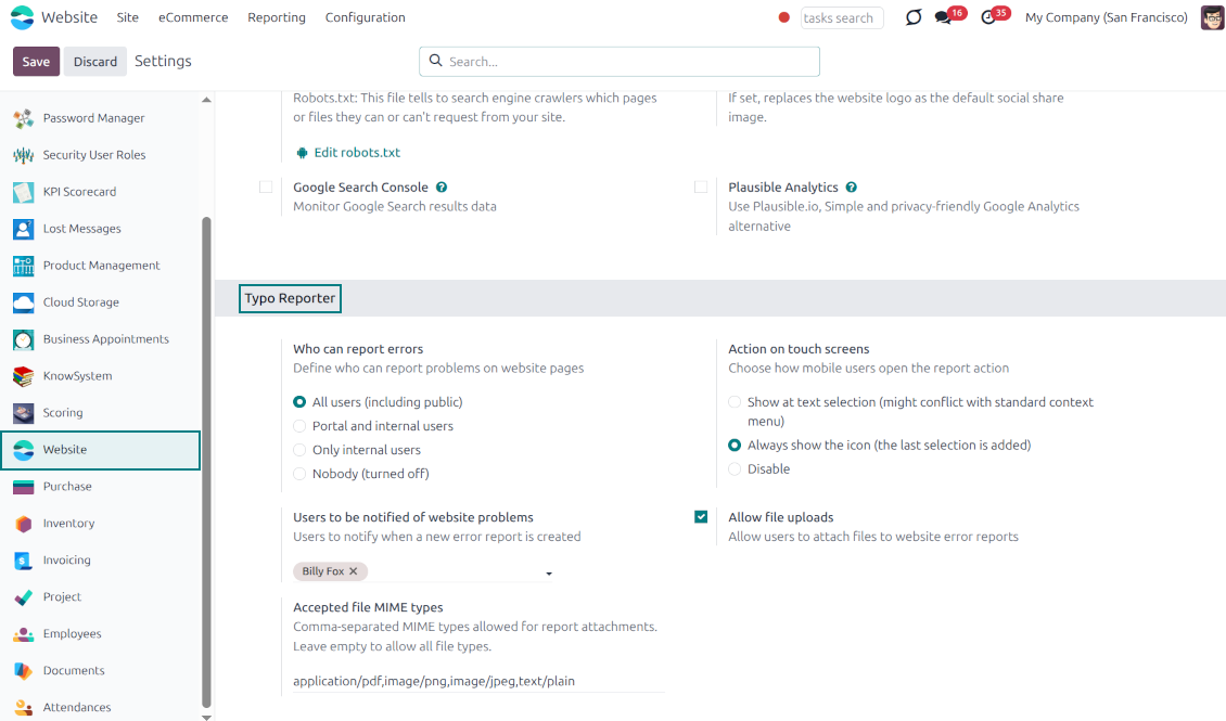 Odoo backend settings dashboard showing options for access rights, notification preferences, and touchscreen behavior