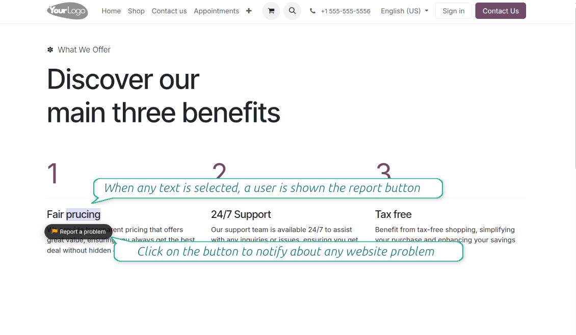 Odoo website interface: highlighting text with a typo reveals a convenient Report a problem pop-up button