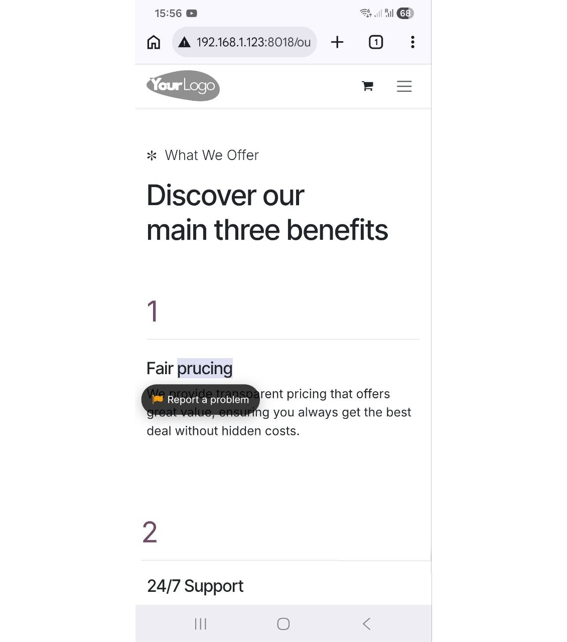Mobile version of the website demonstrating the error report button appearing after long-pressing and highlighting text on a touchscreen