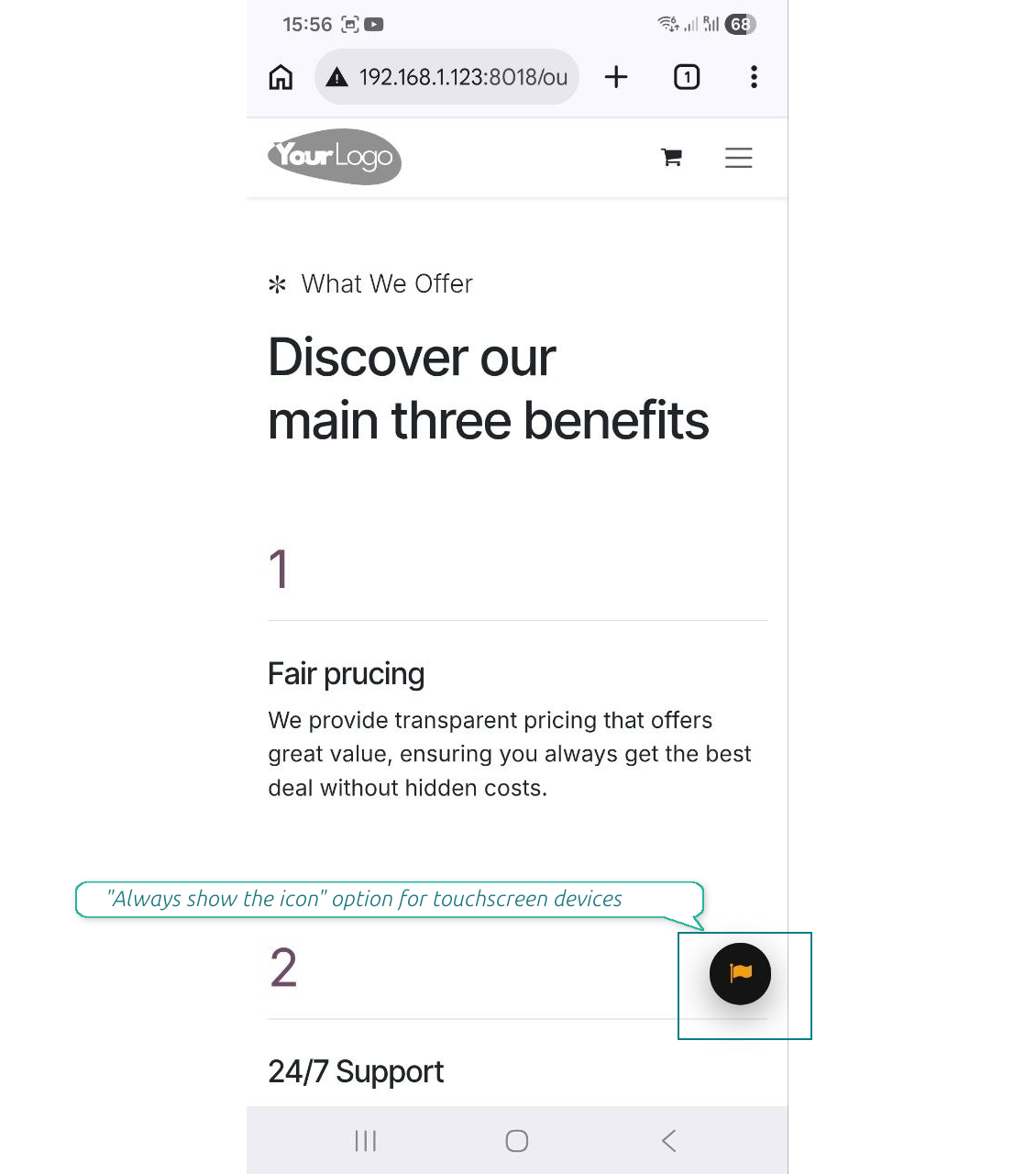 Alternative interface for mobile devices: a persistently displayed floating button with a flag icon to trigger the report form.