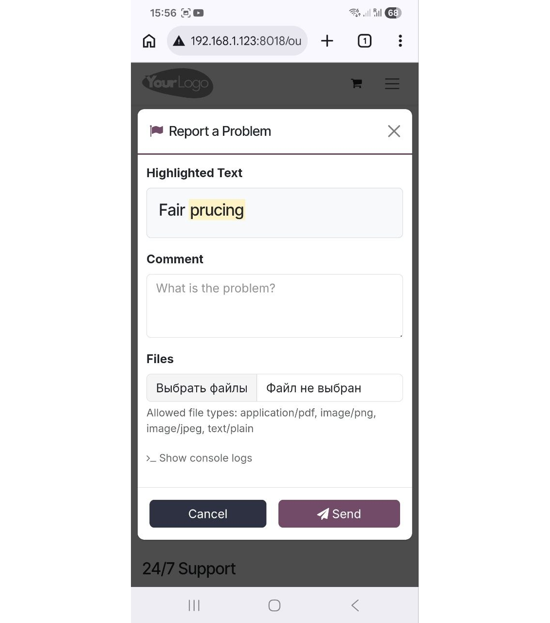 A fully responsive pop-up window on a mobile device, allowing the user to easily describe the problem and submit a report