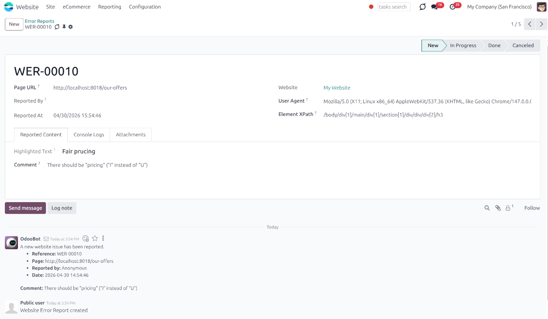 A specific error report form in the Odoo backend containing technical details like User Agent and XPath, the highlighted text, user comments, and progress statuses.