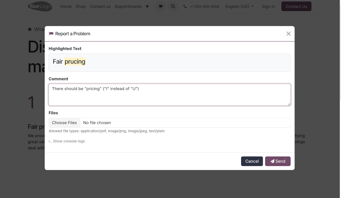 A pop-up modal window on the website displaying the highlighted text with a typo, a field for user comments, and an option to attach files