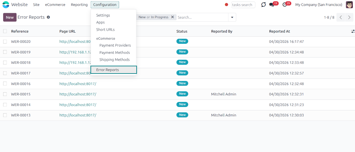 List view in the Odoo backend dashboard displaying all submitted reports with their page URL, status, reporter, and date