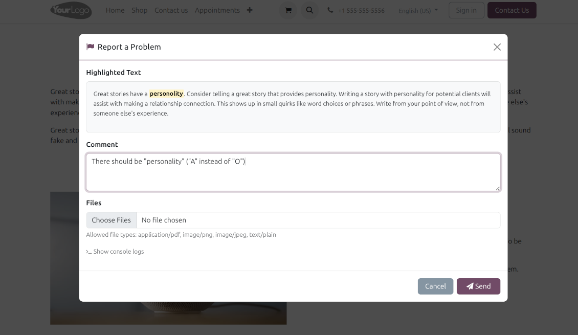 A pop-up modal window on the website displaying the highlighted text with a typo, a field for user comments, and an option to attach files