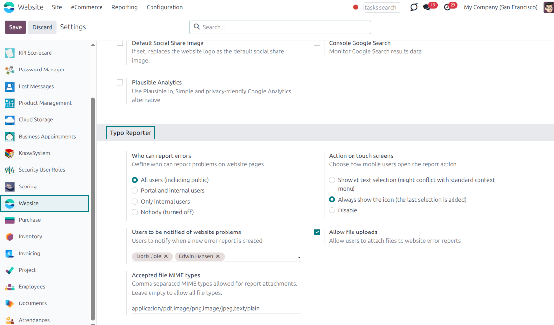 Odoo backend settings dashboard showing options for access rights, notification preferences, and touchscreen behavior