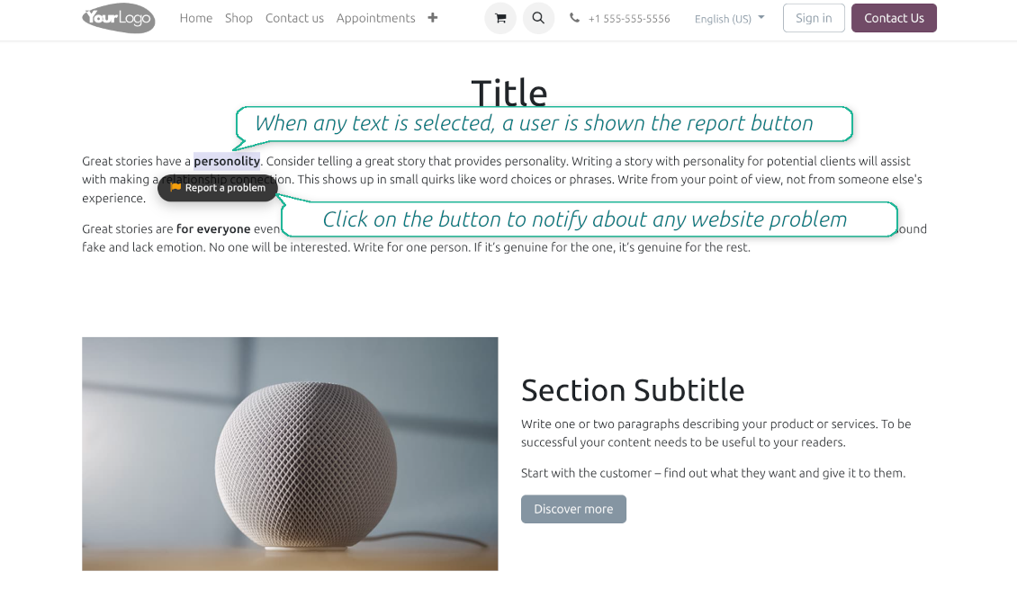 Odoo website interface: highlighting text with a typo reveals a convenient Report a problem pop-up button