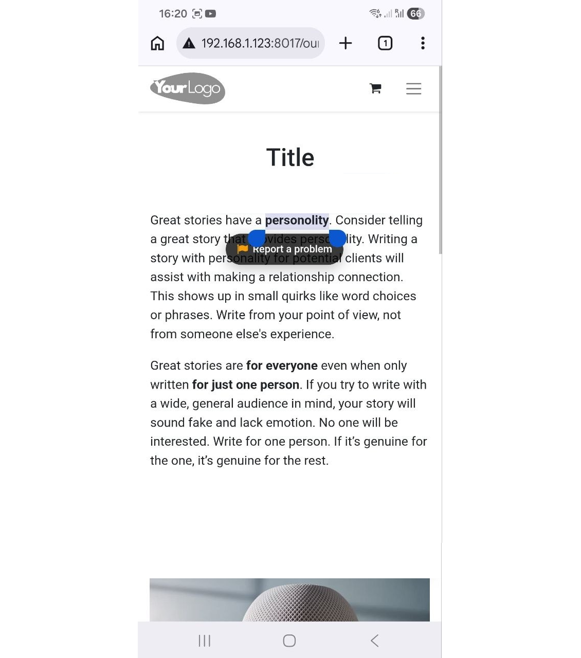 Mobile version of the website demonstrating the error report button appearing after long-pressing and highlighting text on a touchscreen