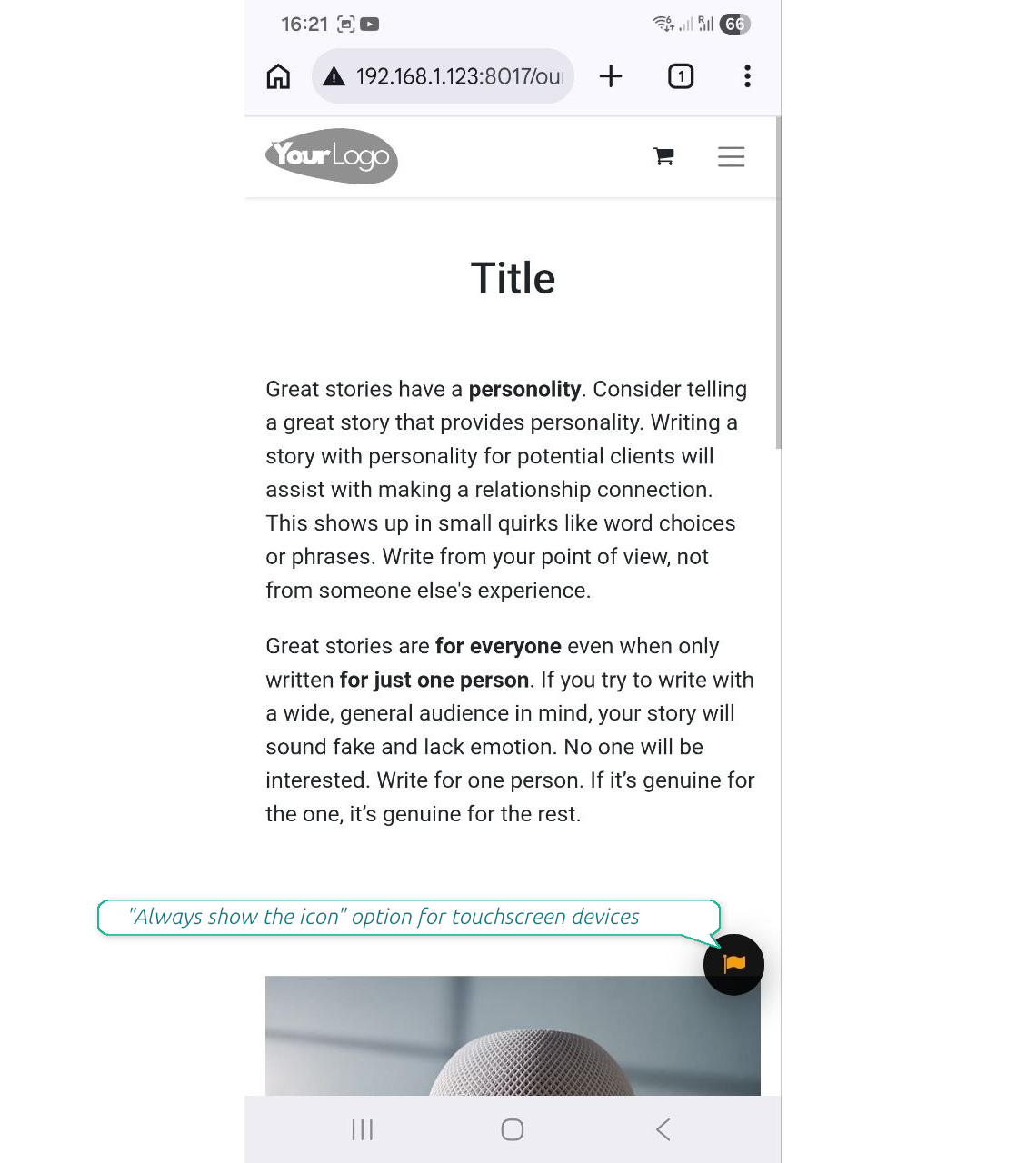 Alternative interface for mobile devices: a persistently displayed floating button with a flag icon to trigger the report form.