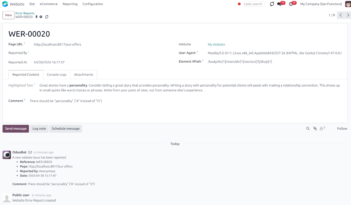 A specific error report form in the Odoo backend containing technical details like User Agent and XPath, the highlighted text, user comments, and progress statuses.