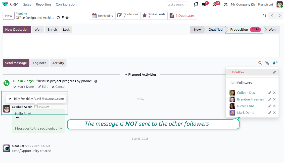 Odoo chatter interface demonstrating a sent message that is delivered exclusively to the chosen recipient and kept hidden from other document followers