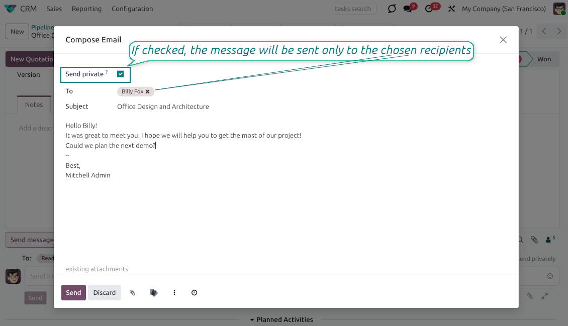 The Compose Email dialog in Odoo featuring the Send private checkbox, ensuring the message is only delivered to the specific contacts in the "To" field.