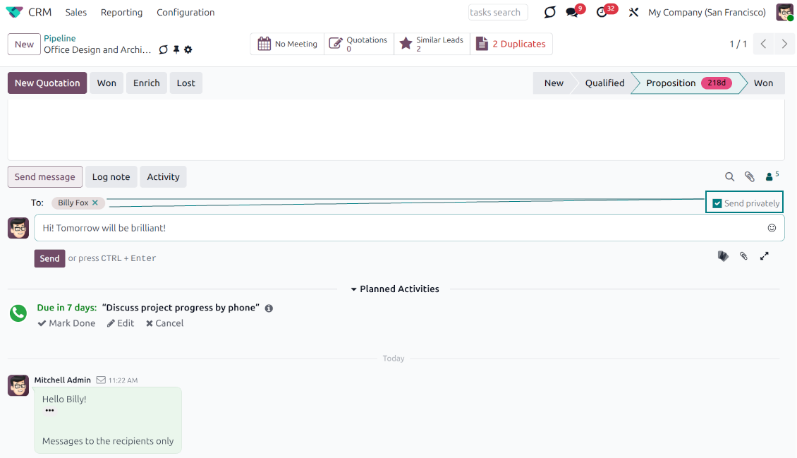 Odoo chatter widget showing an inline message draft with the "Send privately" checkbox ticked right next to the recipient list.