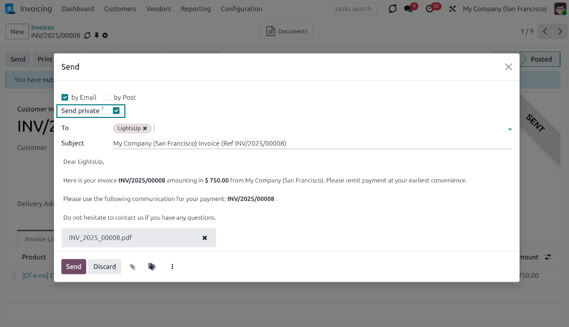 Internal invoice email composer