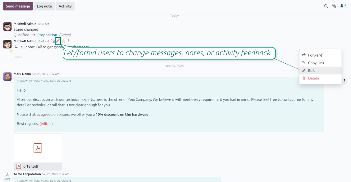 A context menu on an Odoo chatter message with added "Edit" and "Delete" options, allowing users to modify or remove their own messages, notes, and activity feedback