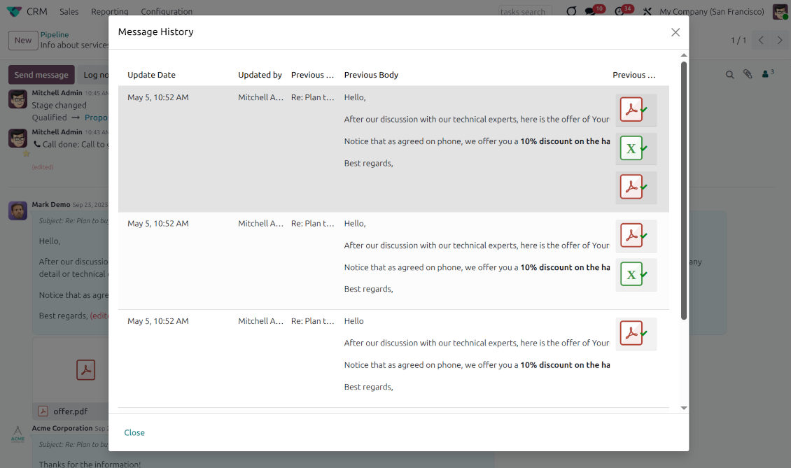 A comprehensive "Message History" window showing multiple past versions of a single message, clearly logging every edit iteration and document change.