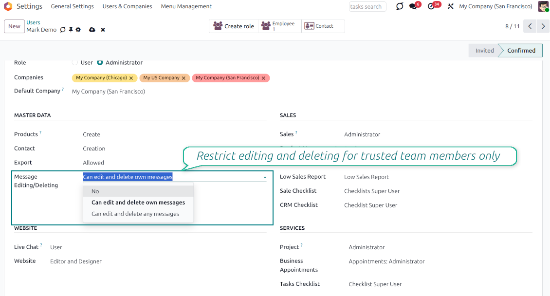The user configuration form in Odoo highlighting the Message Editing-Deleting dropdown menu, which restricts permissions to either no editing rights, editing own messages, or editing any messages