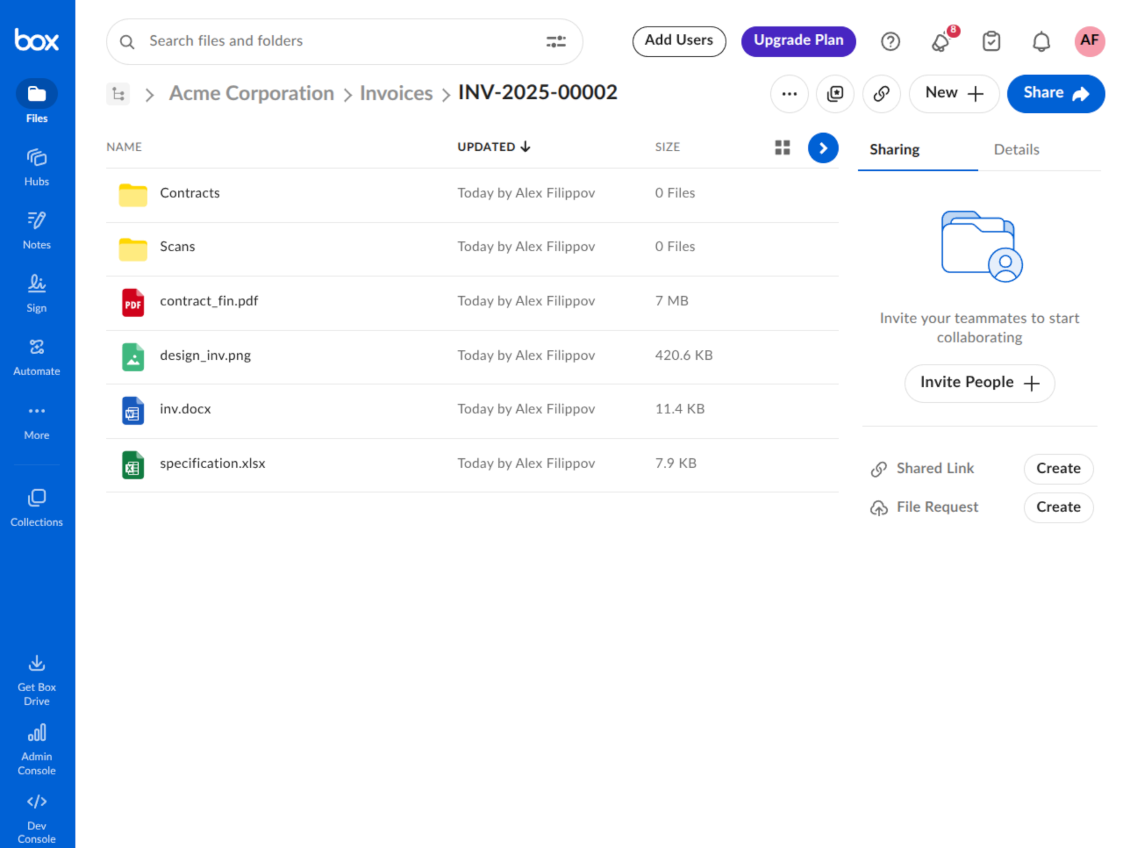 Box folder showing documents and subfolders synchronized for an Odoo object