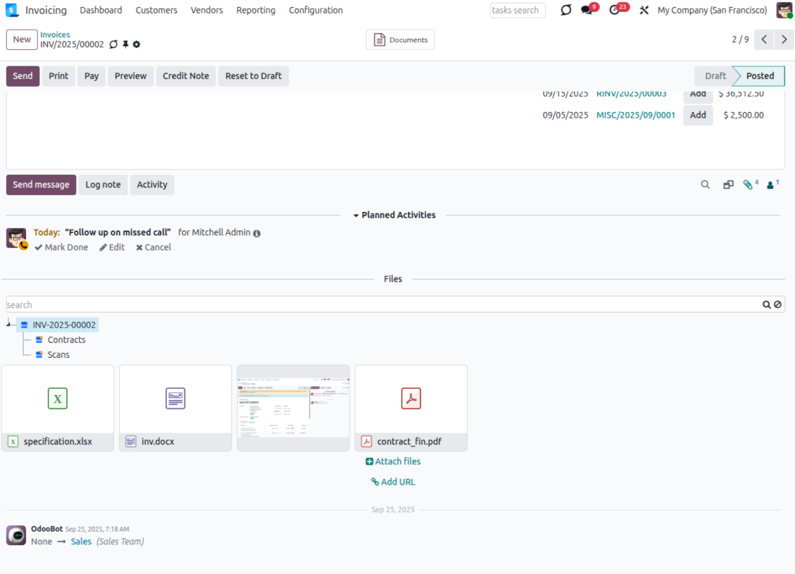 Odoo record form showing synchronized Box folders and attached files in the file panel