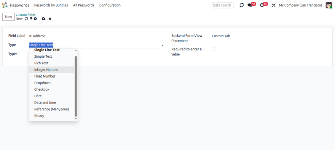 Custom password field type selection for extending Odoo Password Manager records