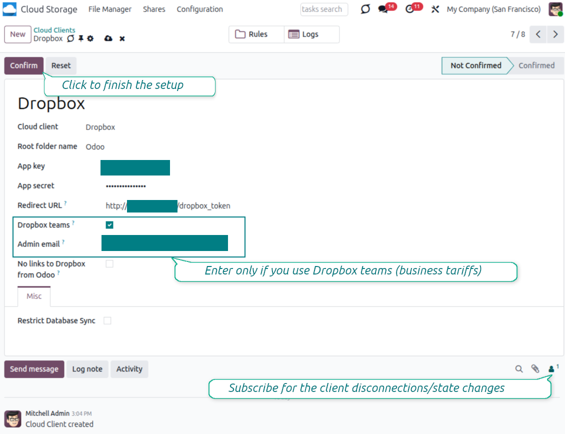Odoo Dropbox settings
