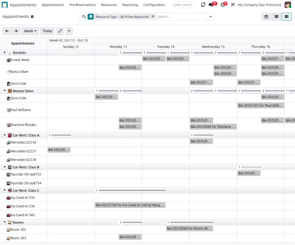 Odoo Enterprise Gantt view showing appointment reservations and resource workload