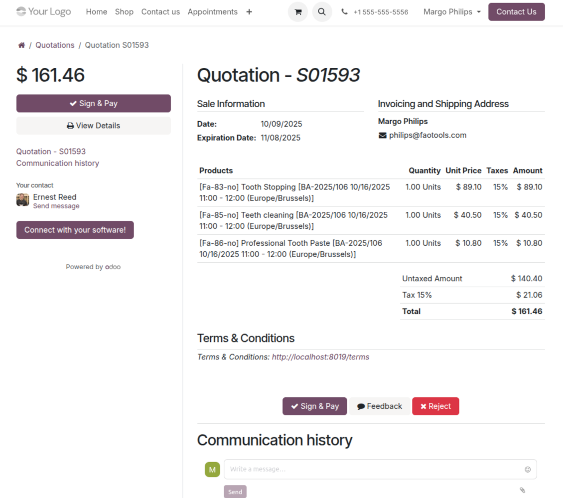 Odoo portal appointment page linked to a quotation that the customer can sign and pay online