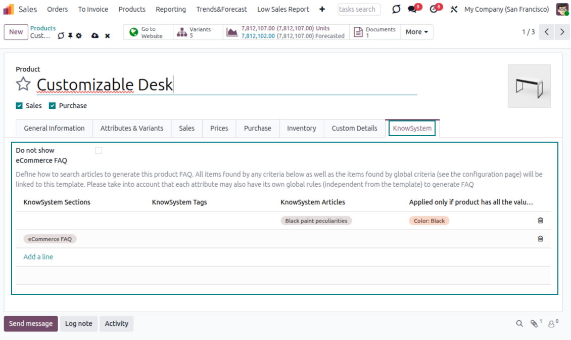 Odoo product template linked with KnowSystem sections tags and articles for product-specific FAQs