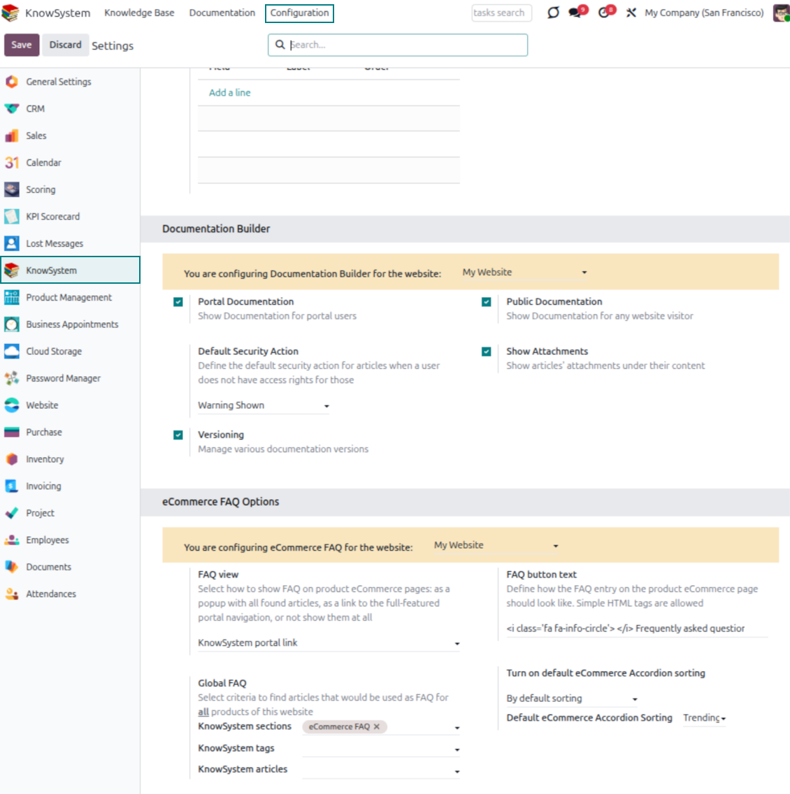 Odoo website settings selecting global KnowSystem sections tags and articles for product FAQs